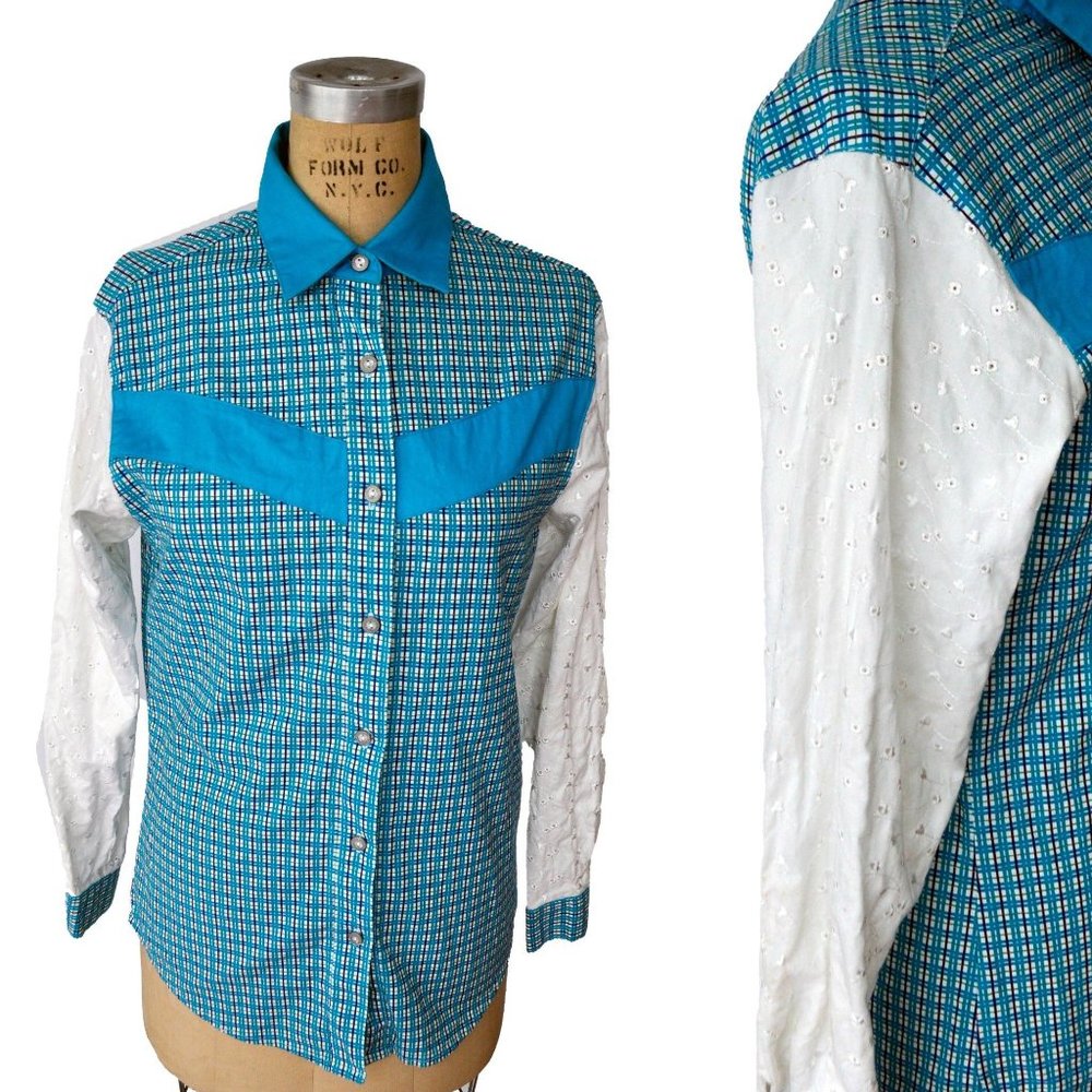 Light Blue Plaid Western Wrangler Silver Lake Top